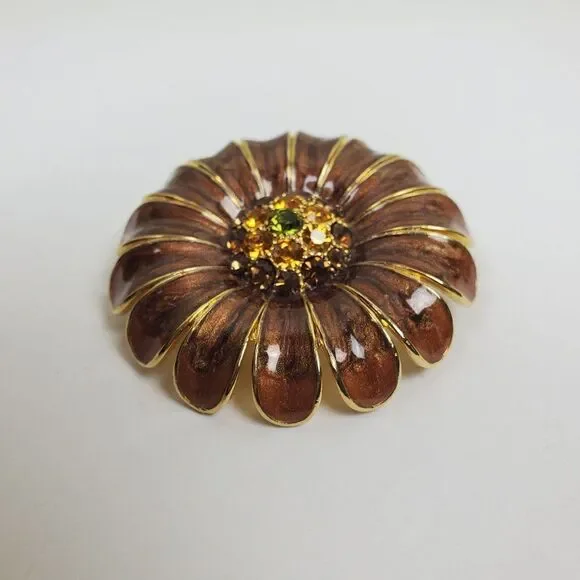 Vintage Brooch Pin Brown Enamel Topaz Yellow Green Rhinestone Floral‎ Large Big - Picture 3 of 8